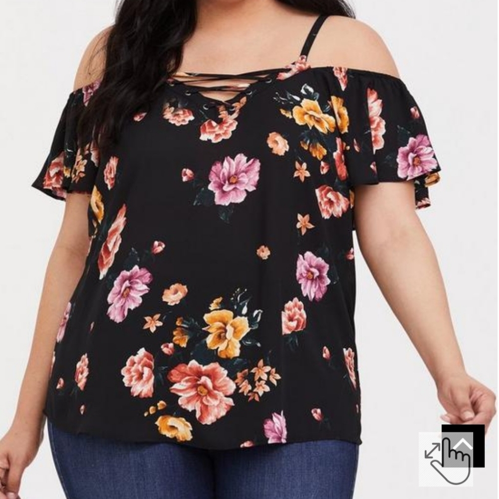 torrid Black Cold-Shoulder Floral Blouse with Lace-Up Neckline